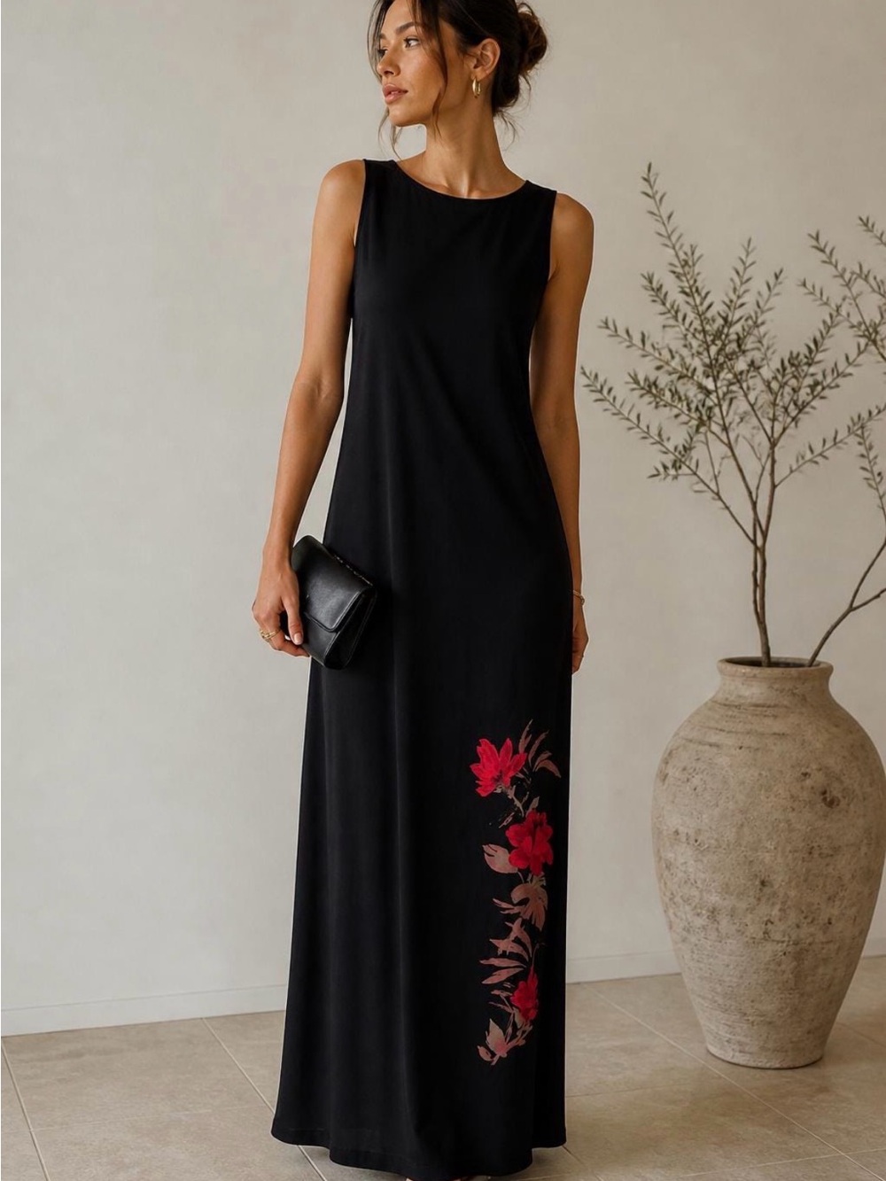 Valerie Stevens Black Sleeveless Maxi Dress with Red Floral Cluster 100% silk
